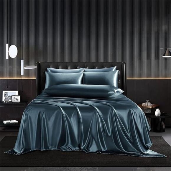 4Pcs Deep Sea Blue Silky Satin Sheets Twin Satin Sheets Set Silky Comforter - Picture 8 of 8